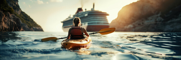 Wall Mural - A person kayaking in tropical sea water with cruise ship