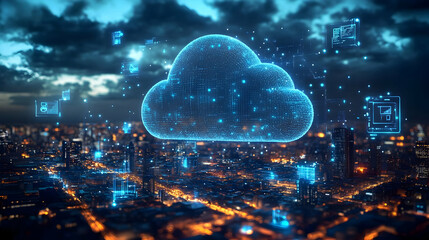 Poster - A digital cloud symbol over a cityscape, representing cloud computing and data connectivity.