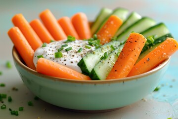 Wall Mural - Closeup footage of a bowl contains carrots, cucumber with white sauce and grated parsley