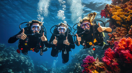 Wall Mural - Portrait of diver with thumbs up gesture with colorful beautiful coral reef with sea life fishes