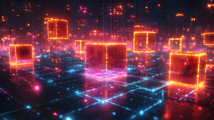 Sticker - A digital landscape featuring glowing cubes and interconnected lines, symbolizing data and technology.