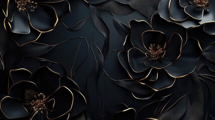 Wall Mural - Abstract Black and Gold Floral Design with Textured Petals