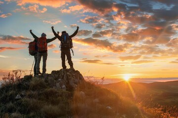 Two hikers celebrating reaching the summit at sunrise.