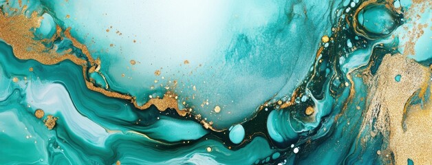 Wall Mural - Abstract fluid art painting with turquoise and gold glitter, liquid marble texture with water drops, luxury background design.