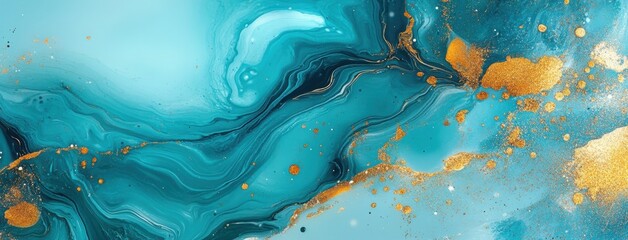 Wall Mural - Abstract fluid art painting with turquoise and gold glitter, liquid marble texture with water drops, luxury background design.