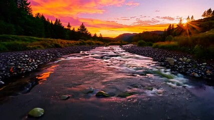 Wall Mural - Drone view of tranquil river through a natural meadow with breathtaking sunset sky in the background