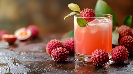 Wall Mural - Isolated on a vintage background a glass of plum juice with cut lychee fruits