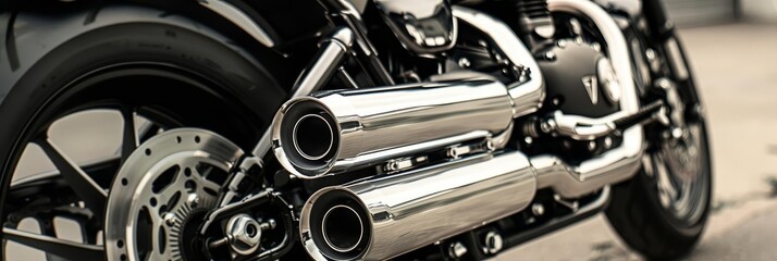 Close-up of a motorcycle's chrome exhaust pipes and rear tire.