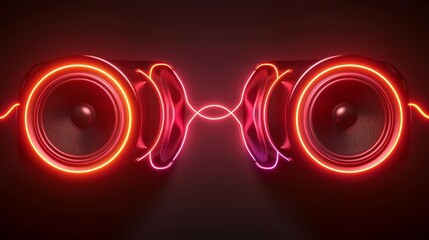 neon lights illuminate two speakers, creating a dynamic and vibrant visual.