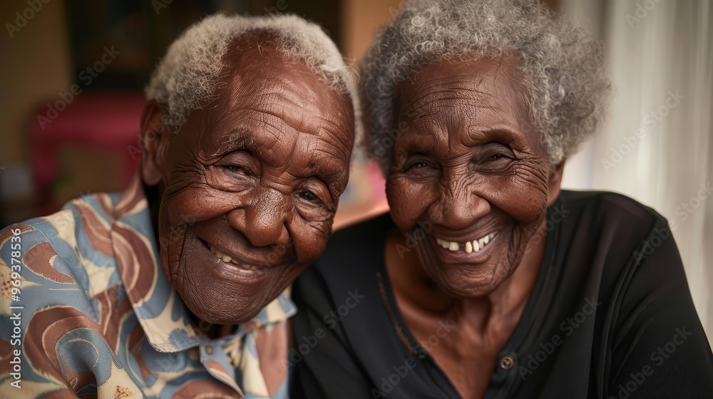 Portrait of an elderly African American couple smiling and showing love ...