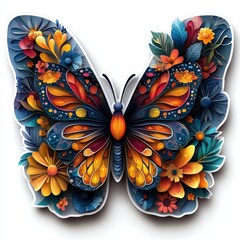 A colorful butterfly with flowers on its wings. The butterfly is surrounded by a white background. Concept of beauty and freedom, as the butterfly is free to fly