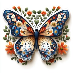 A colorful butterfly with flowers on its wings. The butterfly is surrounded by a white background. Concept of beauty and freedom, as the butterfly is free to fly