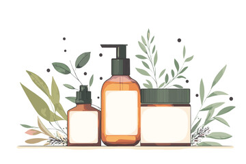 Organic cosmetics for women. Various bottles, tubes and jars for skincare. Female cosmetics: gels, lotions and creams for body care. Concept of natural products. Flat vector illustration