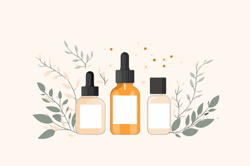 Organic cosmetics for women. Various bottles, tubes and jars for skincare. Female cosmetics: gels, lotions and creams for body care. Concept of natural products. Flat vector illustration