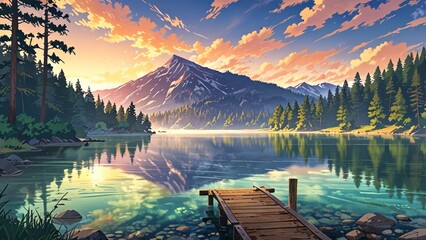 Wall Mural - Painting of a lake with colorful flowers, wooden dock and grass in the background