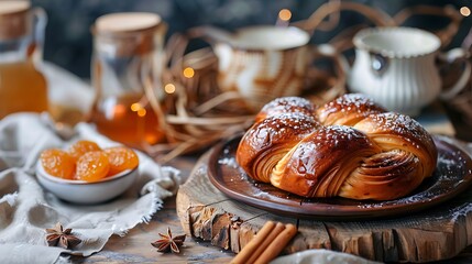 Wall Mural - Items for sweets cardamom buns spice and apricot jelly on a rustic table