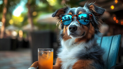 Wall Mural - A dog wearing sunglasses sits relaxed with a drink, enjoying a leisure moment.