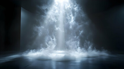 Sticker - A dramatic light beam illuminating a misty atmosphere in a dark space.