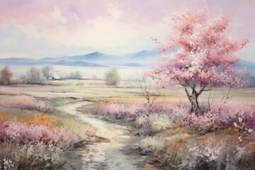 Poster - Countryside flower garden and nature landscape watercolor painting.