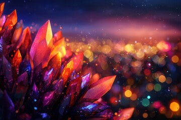 Fototapete - Vibrant crystals illuminated under lights with a sparkling bokeh background, creating a magical and enchanting atmosphere.