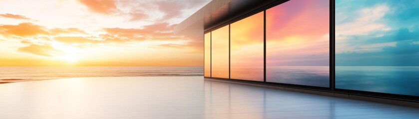 A stunning sunset view from a modern window, showcasing vibrant colors and serene ocean reflections, perfect for calming imagery.