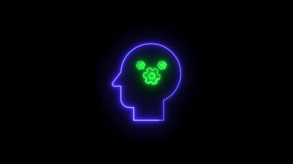 Poster - Glowing blue neon gear cogwheel and thinking head icon, animated for settings and innovation on black background.