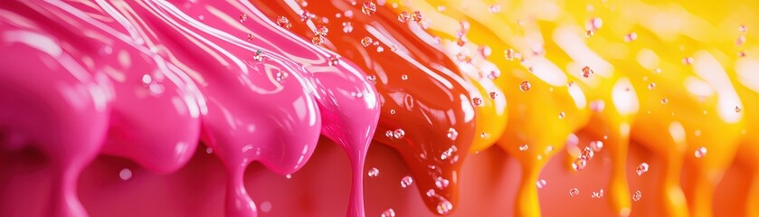Aufkleber - Close-up of vibrant and colorful dripping paints in pink, red, and yellow, creating a beautiful abstract and artistic background.