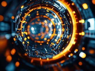 Poster - Futuristic, high-tech tunnel with glowing orange and blue lights. Perfect for sci-fi themes, technology visuals, and innovative design projects.
