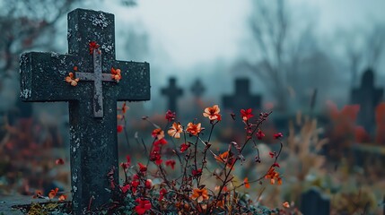 A stone cross adorned with flowers stands solemnly in a quiet cemetery, a moment of remembrance.