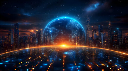 Canvas Print - A futuristic cityscape with a glowing Earth and digital elements.