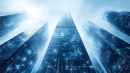 Poster - A futuristic cityscape with towering skyscrapers and a digital network overlay.