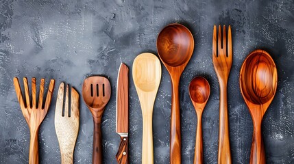 Kitchen supplies include spoons knives and forks made of wood