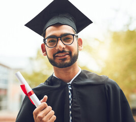 Poster - Happy man, portrait or student with certificate for graduation, diploma or degree at university. Young, male person or graduate with smile for qualification, academic achievement or future milestone