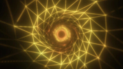 Poster - A glowing golden wireframe tunnel spiraling towards a bright center, creating a mesmerizing abstract design for technology, sci-fi, and digital themes