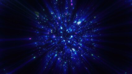 Poster - Abstract blue glowing energy sphere molecule nucleus atom round background with flying blurred dots bokeh particles