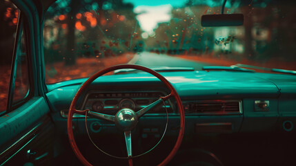 Wall Mural - The Interior Old Car With Steering Wheel