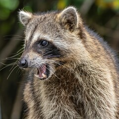 Wall Mural - Close-up of a raccoon with detailed fur and whiskers against a blurred natural background