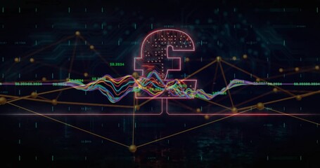 Wall Mural - Animation of pound sign and digital data processing over dark background