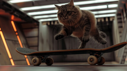 Cat jumping onto a skateboard in a sci-fi indoor setting with glowing lights and dynamic motion