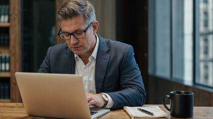 Businessman with glasses working in his office on a laptop