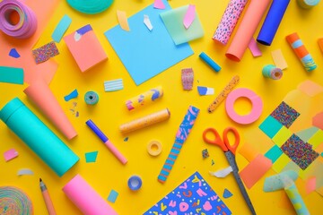 Wall Mural - Creative flat lay of a DIY craft kit with colorful materials, instructions, and finished product, vibrant and hands-on