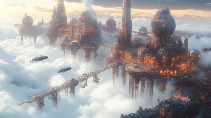 vector design of a city on stilts above the clouds with futuristic architecture sky bridges connecti