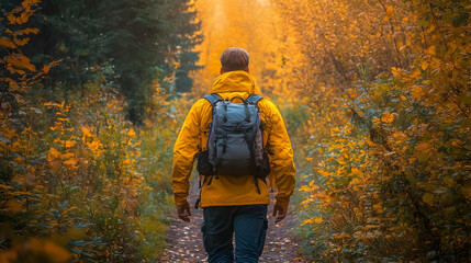 Canvas Print - A hiker walks through a vibrant autumn forest trail surrounded by golden foliage.