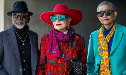 Elderly group wearing fashionable hats and sunglasses outdoors