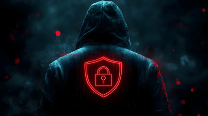 Poster - A hooded figure with a red lock symbol on the back, suggesting themes of security and technology.