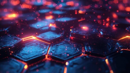 Poster - 3D rendering of glowing hexagonal shapes in space, representing advanced technology and digital concepts