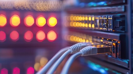 Poster - A close-up of a network cable connected to a server, representing digital data transmission and network infrastructure