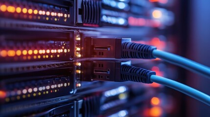 Poster - A close-up of a network cable connected to a server, representing digital data transmission and network infrastructure