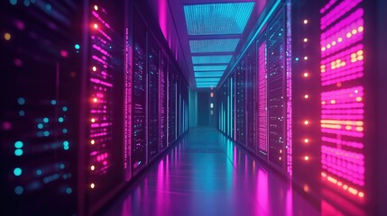 Poster - A computer server room with glowing LED lights, representing the backbone of digital data storage
