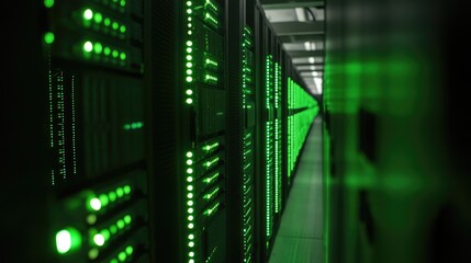 Poster - A computer server room with glowing LED lights, representing the backbone of digital data storage